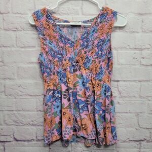 Magnolia Boutique Smocked Peplum Babydoll Top S Floral Cottage Boho Festival